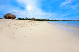 a picture of turqoise waters and huts at baby beach aruba