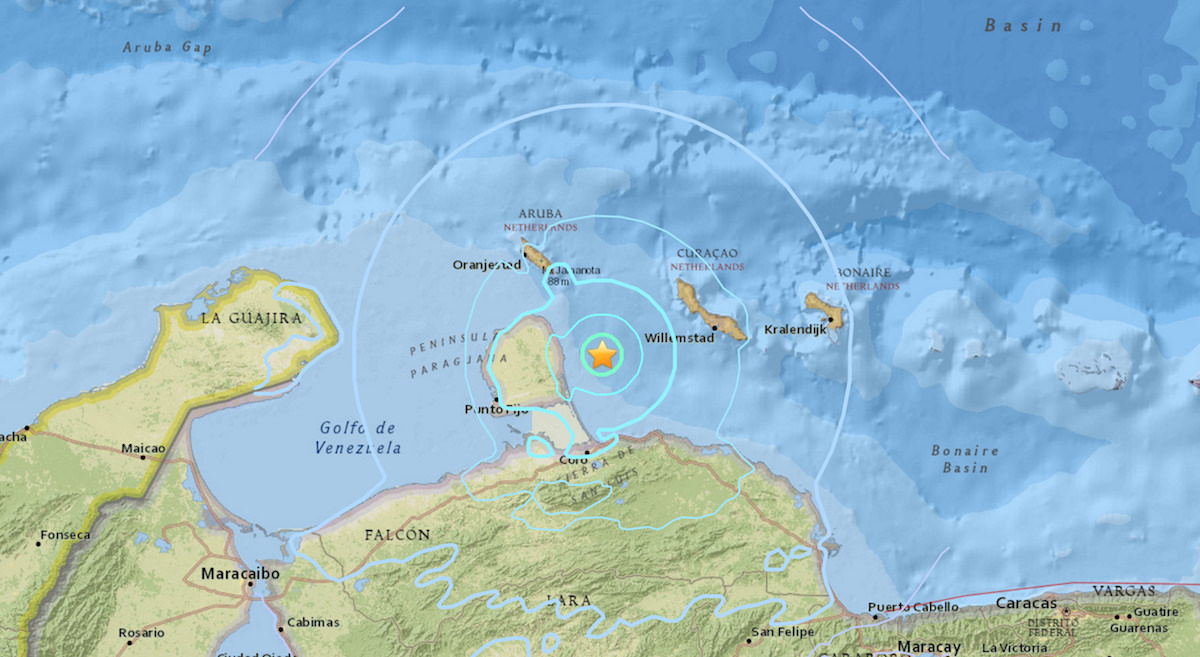 a map showing the epicenter of the earthquake in Aruba and Curacao