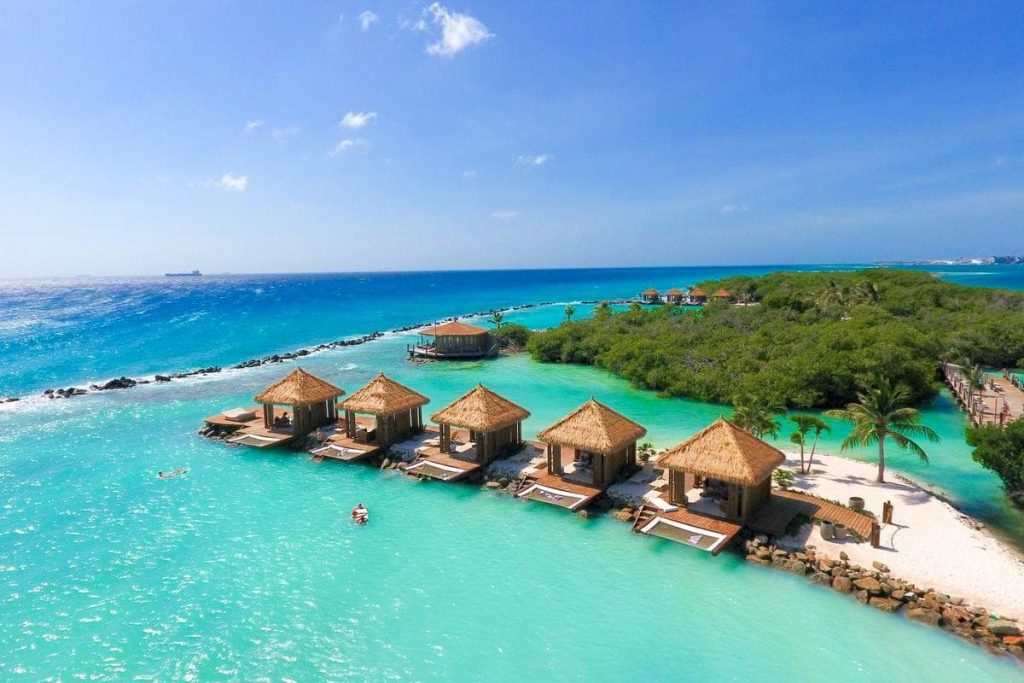 the beachfront cabanas at Flamingo Beach, owned by the Renaissance Aruba Resort, Aruba.