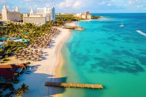 aerial view of the hotels and beach area of Palm Beach Aruba.