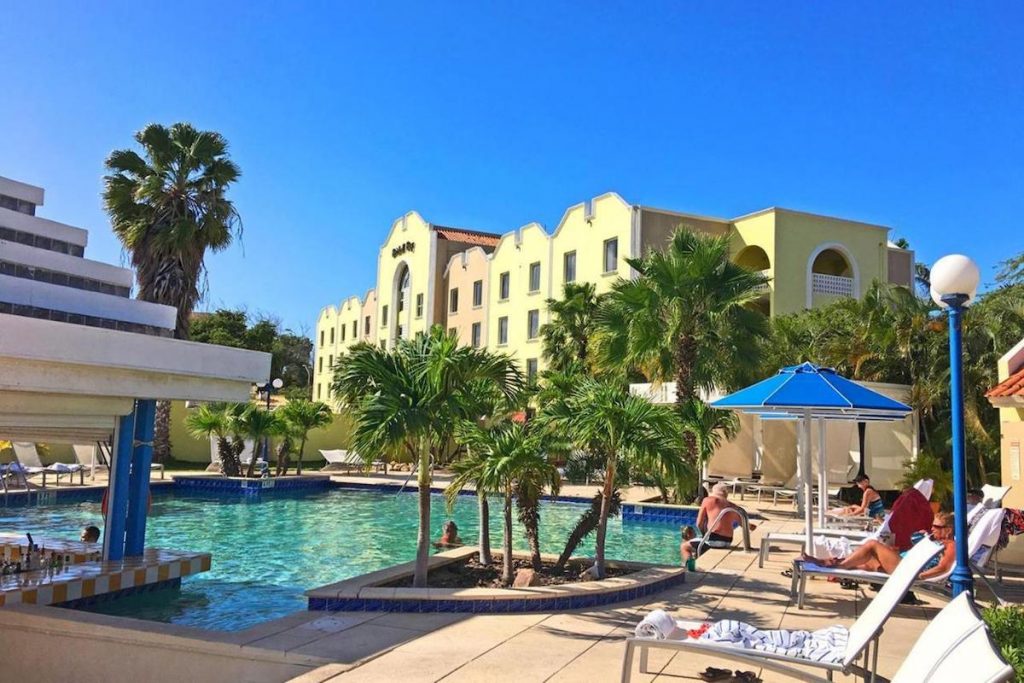 A view of the pool area at the Brickell Bay Beach Club Boutique Hotel in Aruba, Dutch Caribbean.