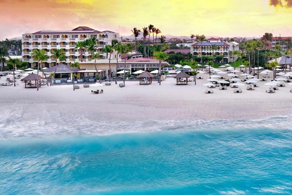 Sunset view at the private beach area of the Bucuti & Tara Beach Resort in Aruba, Dutch Antilles.