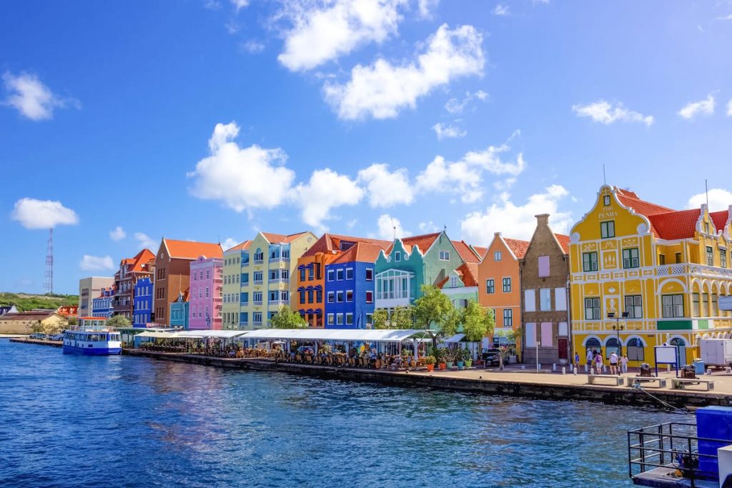 a view of the colourful Dutch architecture in Caraçao, Dutch Antilles.