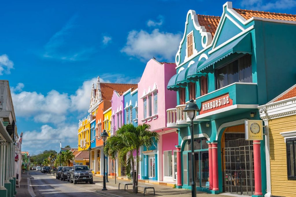 A sunny scene in the center of Kralendijk, the capital of Bonaire, Dutch Caribbean.