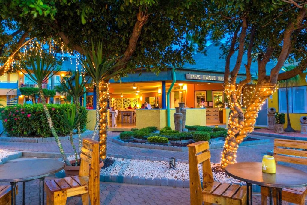 A view of the outside terrace at the MVC Eagle Beach Hotel in Aruba.