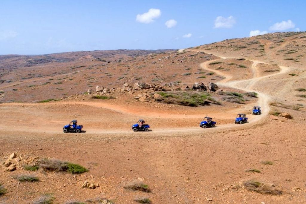 A group of adventurous individuals embarks on a thrilling journey through the scenic landscapes of Aruba in a UTV (Utility Task Vehicle).