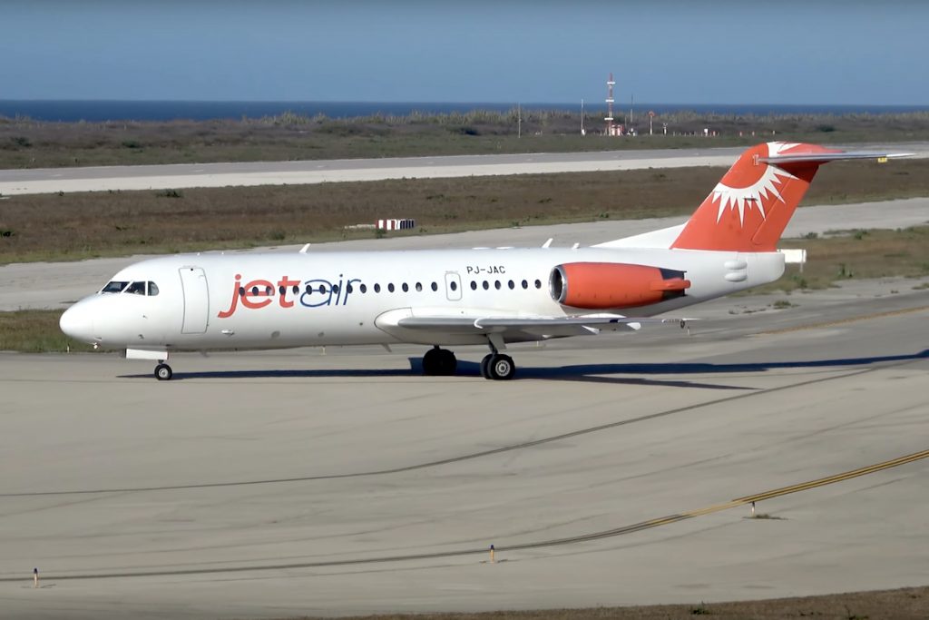 A Fokker F70 operated by Jetair taking off from Hato International Airport, Curaçao.